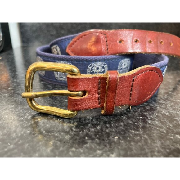 Vintage 1980s Amherst College Belt Leather & Cloth Solid Brass Buckle Adjustable - Picture 3 of 9